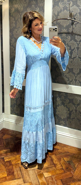Calista long sleeve lace dress with beautiful detailing - Blue