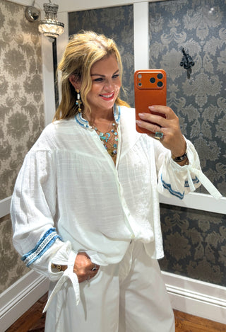 Mia White Blouse Blue Trim