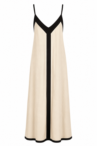 Alba Maxi Brown Trim  Dress -Beige