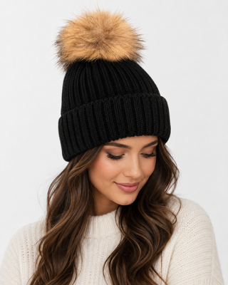 Bowie Ribbed Bobble Hat -Black