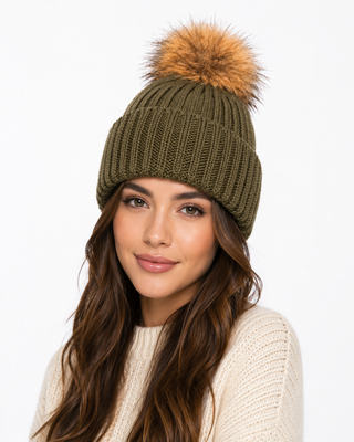 Bowie Ribbed Bobble Hat -Khaki