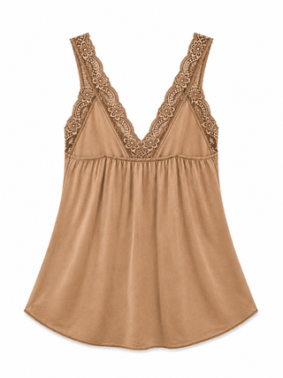 Satin cami with lace neckline - caramel