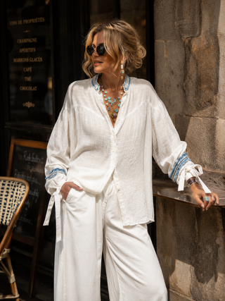 Mia White Blouse Blue Trim