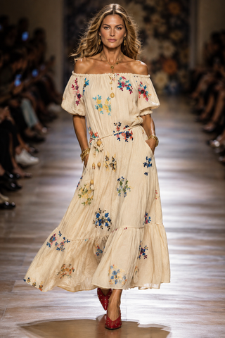 India Cotton Floral Dress Beige