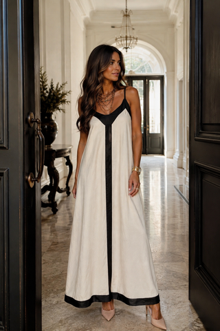 Alba Maxi Brown Trim  Dress -Beige